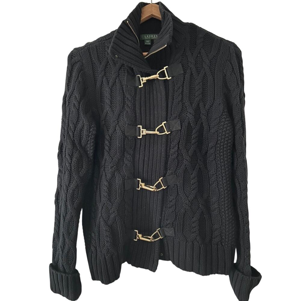 Lauren Ralph Lauren M Black Cable Fireman Clasp Cardigan Hardware Sweater $380